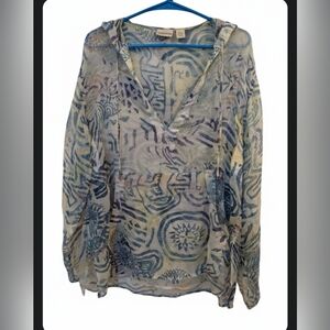 Chico's  Oversized Vintage Sheer Patterned Hoodie Top Cover Up, Small ,100%silk